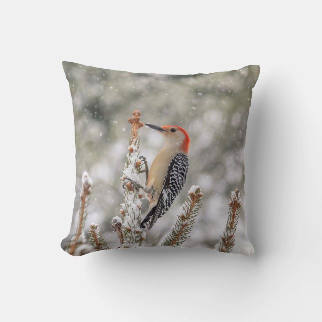 Rödböld Woodpecker i snö Kudde (Framsida)