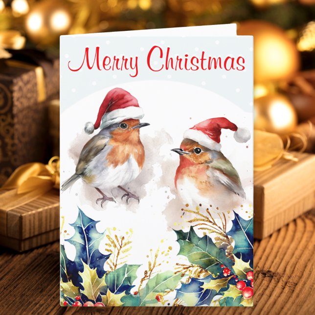 Rödborstarnas Vinter Snö Julgran God Jul Helgkort (A traditional Christmas card in nostalgic style, with two winter robins in the snow with holly)