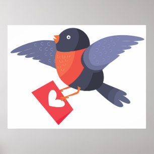 Rödbröst Flyger med Rött Hjärta Kärleksbrev Poster