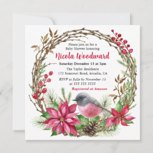 Rödbröst och röd julstjärna Krans Baby Shower Inbjudningar