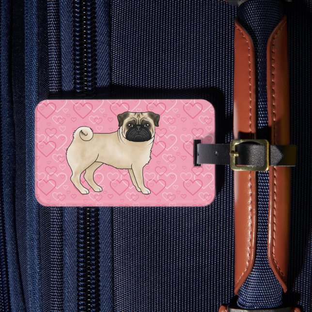 Rödbrun Mops Hund Tecknad Moppar Kärlek Hjärtmönst Bagagebricka (Framsida Insitu 4)