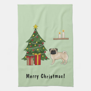 Rödbrun Mops Söt Tecknad Hund Med Ett Julträd Kökshandduk