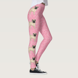 Rödbrun Pug Hund Tecknad Moppar Kärlek Hjärtmönste Leggings