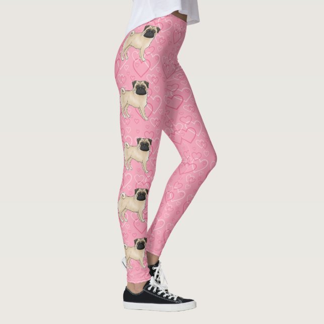 Rödbrun Pug Hund Tecknad Moppar Kärlek Hjärtmönste Leggings (Höger)