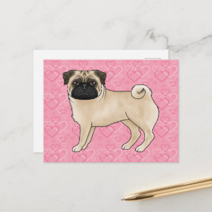 Rödbrun Pug Hund Tecknad Moppar Kärlek Hjärtmönste Vykort