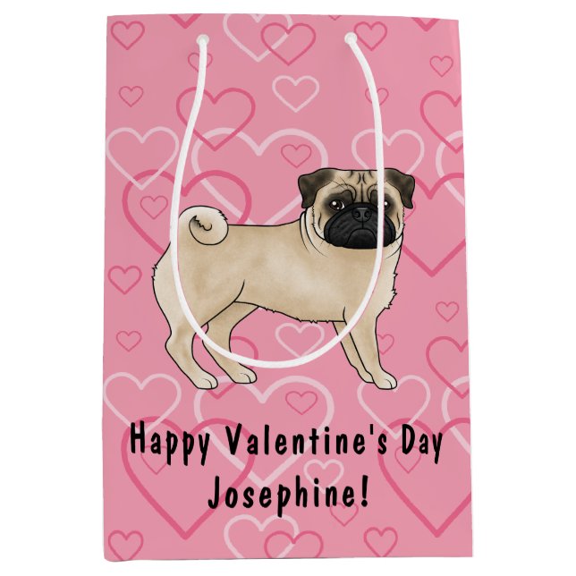 Rödbrun Pug Hund Tecknad Moppar Rosa Kärlek Hjärtm (Framsidan)
