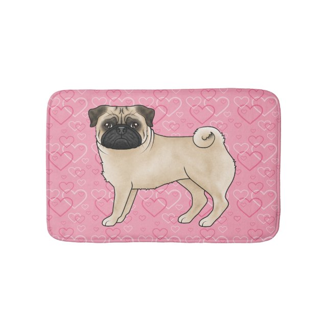 Rödbrun Pug Hund Tecknad Moppar Rosa Kärlek Hjärtm Badrumsmatta (Framsidan)