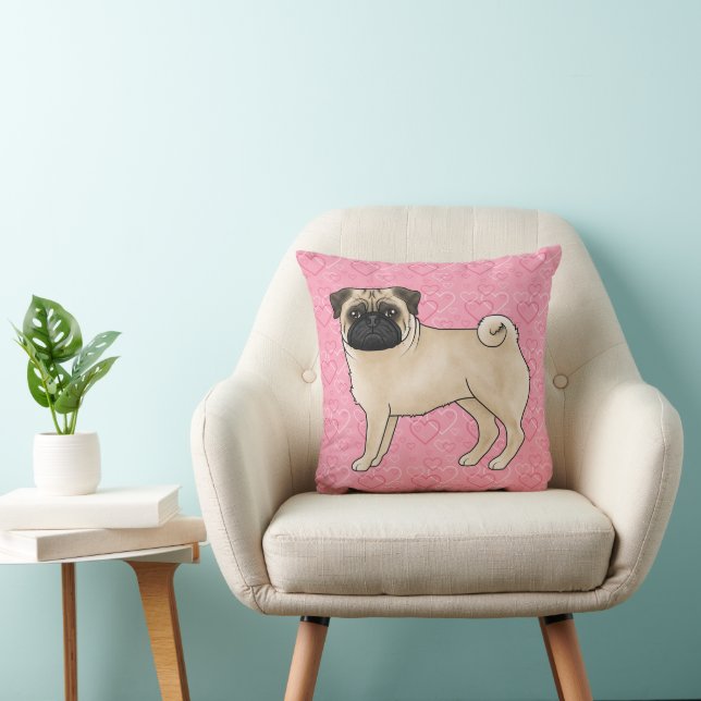 Rödbrun Pug Hund Tecknad Moppar Rosa Kärlek Hjärtm Kudde (Stol)