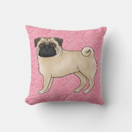 Rödbrun Pug Hund Tecknad Moppar Rosa Kärlek Hjärtm Kudde
