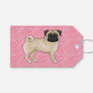 Rödbrun Pug Hund Tecknad Moppar Rosa Kärlek Hjärtm Presentetikett