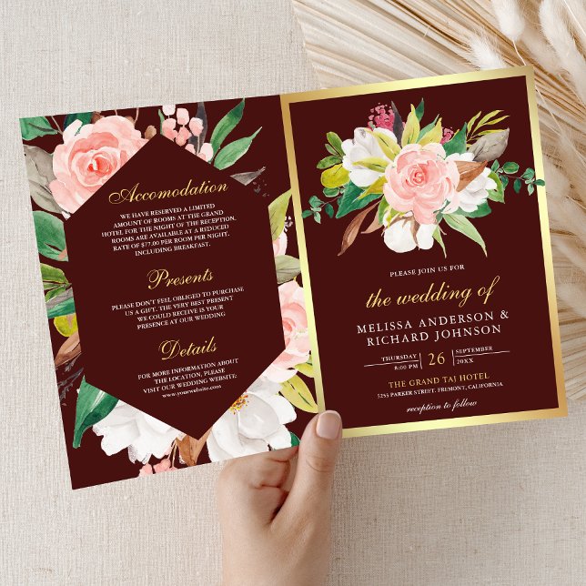 Rödbrun Rosa Blommig Guld QR-kod Bröllop Inbjudan (Skapare uppladdad)