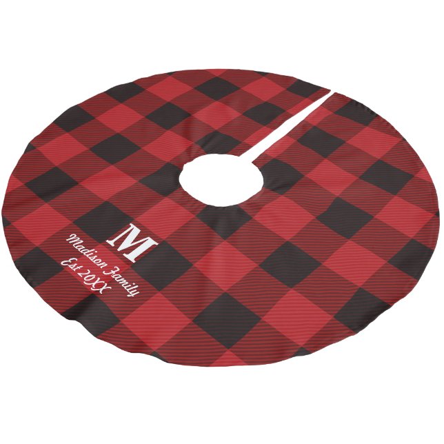 rödbuffalo lumberjack plaid monogram julgransmatta borstad polyester (Vinklad)