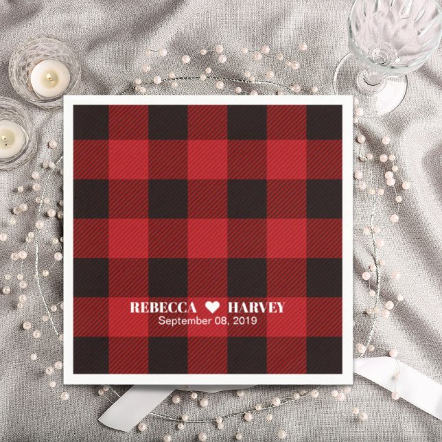 rödbuffel plaid rustik vinterbröllop party pappersservett (red buffalo plaid rustic winter wedding party napkins)