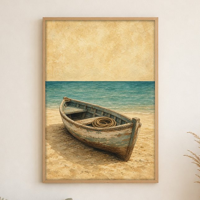 Rodd båt på sanden Akvarell Kustkonstaffisch Poster (Shown framed for scale. Poster ships unframed; frames are an optional add-on.)