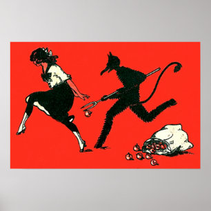 Röde Krampus jagar kvinna äpplen Poster