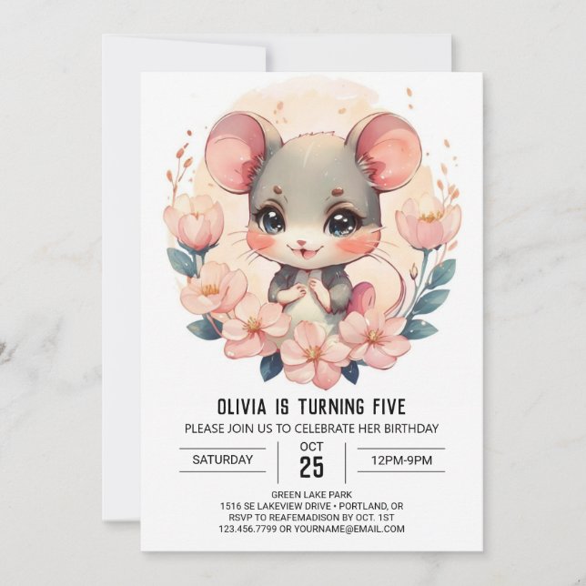 Rodent Printable Mouse Birthday Inbjudningar (Framsida)