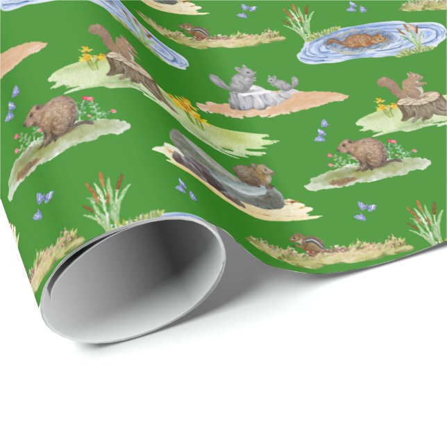 Rodent Toile Wrapping Paper  (Original on Green)  Presentpapper (Rullad Hörn)
