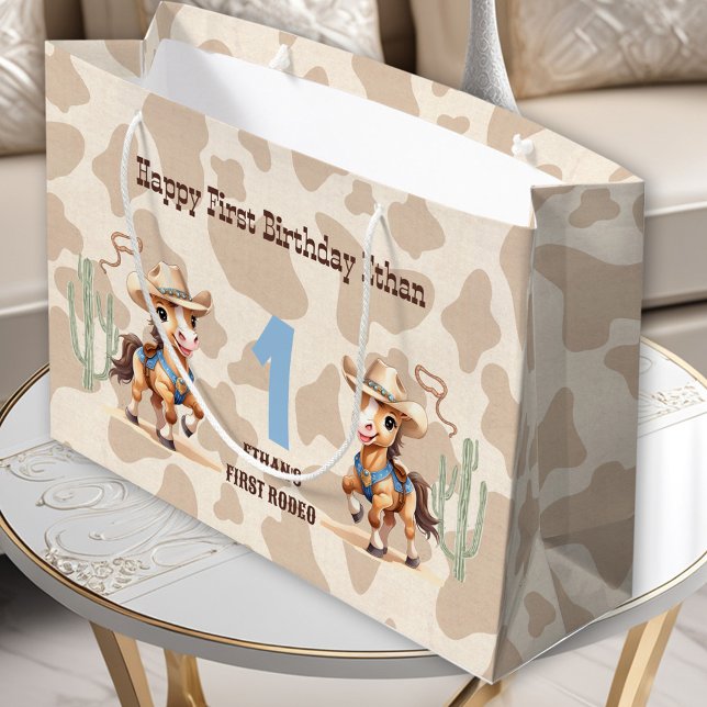 Rodeo Beige Cowboy Horse Westernare Namn 1:a födel (Rodeo Beige Cowboy Horse Western Name 1st Birthday Large Gift Bag)