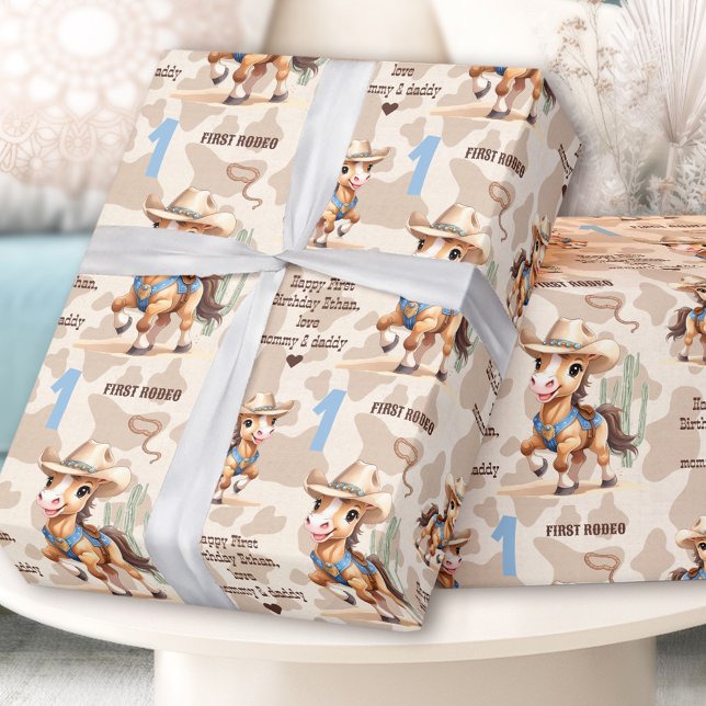 Rodeo Beige Cowboy Horse Westernare Namn 1:a födel Presentpapper (Rodeo Beige Cowboy Horse Western Name 1st Birthday Wrapping Paper)