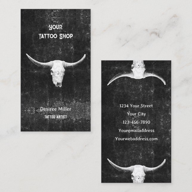 Rodeo Black White Western Tatto Shop Bull Skull Visitkort (Fram/baksida)