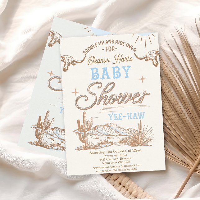 Rodeo Blue Boys Rodeo Cowboyens Westerna babyskor Inbjudningar (Vintage Baby Blue Brown Rodeo Baby Shower Invitation Baby Boy, Rope Text, Longhorn Cow Western)