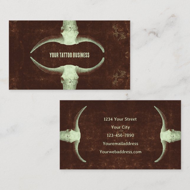 Rodeo Brown Rustic Western Tattoo Shop Bull Skull Visitkort (Fram/baksida)
