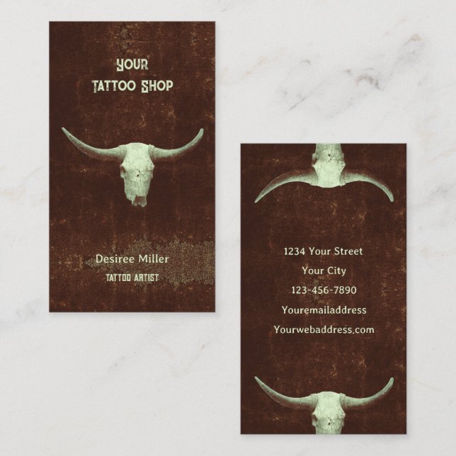 Rodeo Brown Rustic Western Tattoo Shop Bull Skull Visitkort (Fram/baksida)