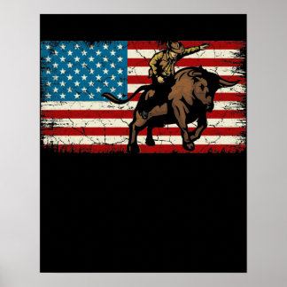 Rodeo Bull Rider Patriotic American Flagga Cowboys Poster