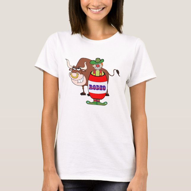 Rodeo clown i tunna och tjur seriefigur tee (Framsida)