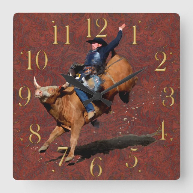 Rodeo Cowboy Bull-Riding Westernare Thmet Clock Fyrkantig Klocka (Framsida)