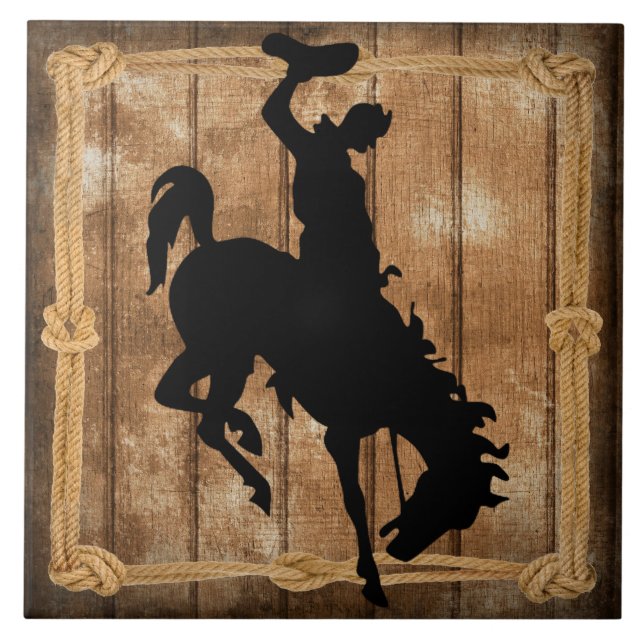 Rodeo Cowboy Horse Bronco Silhouette Kakelplatta (Framsidan)