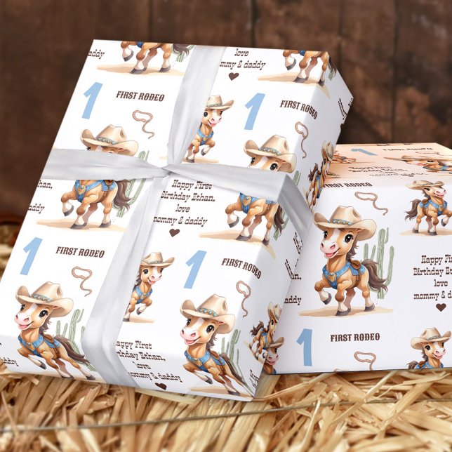 Rodeo Cowboy Horse Westernare Namn Boy 1st Birthda Presentpapper (Rodeo Cowboy Horse Western Name Boy 1st Birthday Wrapping Paper)