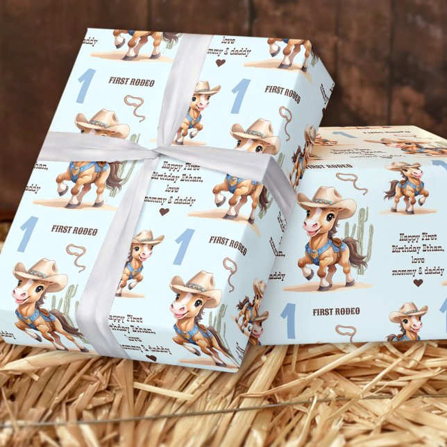 Rodeo Cowboyhorse Blue Westerna Namn 1:a födelseda Presentpapper (Rodeo Cowboy Horse Blue Western Name 1st Birthday Wrapping Paper)