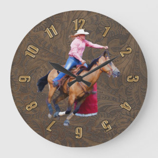 Rodeo Cowgirl Barrel-Tävla Faux Leather Clock Stor Klocka