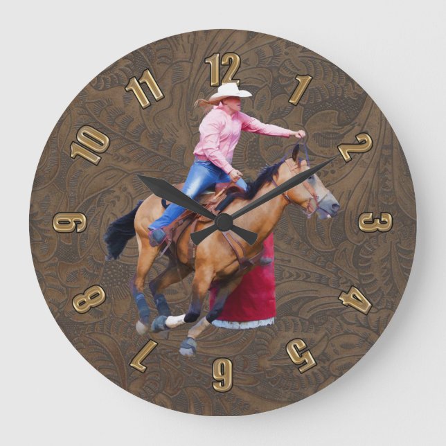 Rodeo Cowgirl Barrel-Tävla Faux Leather Clock Stor Klocka (Framsida)