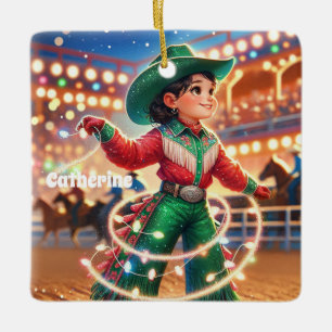 Rodeo Cowgirl Kid Twirling jul Ljus Julgransprydnad Keramik