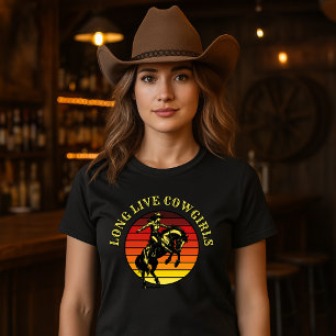 Rodeo Cowgirl on Horse & Retro Sunset Template T Shirt