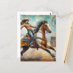 Rodeo Cowgirl på en Paint Horse Vykort