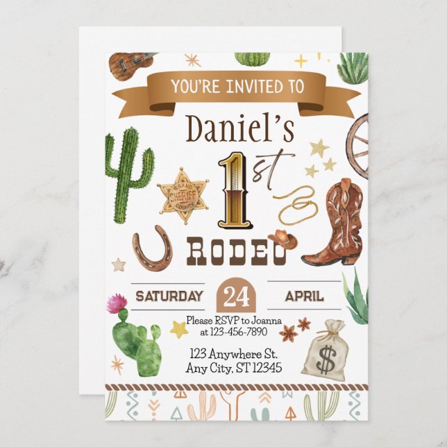 Rodeo-födelsedagsinbjudan för ettårsfirande inbjudningar (Fram/baksida)