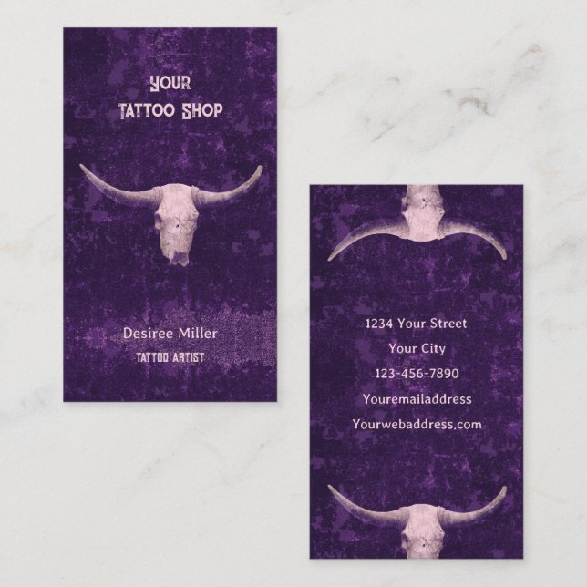 Rodeo Lila Western Tatto Shop Rustic Bull Skull Visitkort (Fram/baksida)