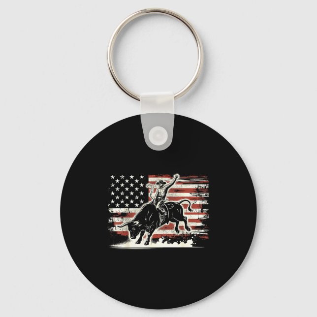 Rodeo Rider Bull Patriotic Cowboy Usa Flag  Nyckelring (Framsida)