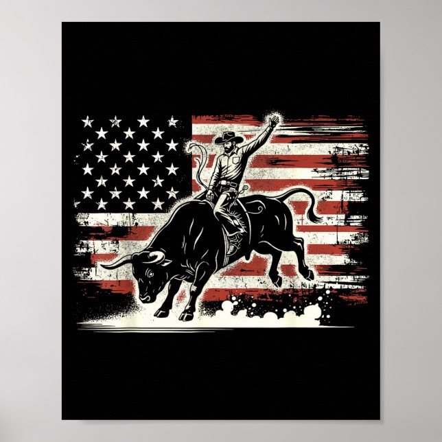 Rodeo Rider Bull Patriotic Cowboy Usa Flag  Poster (Framsidan)