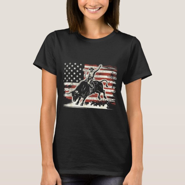 Rodeo Rider Bull Patriotic Cowboy Usa Flag  T Shirt (Framsida)