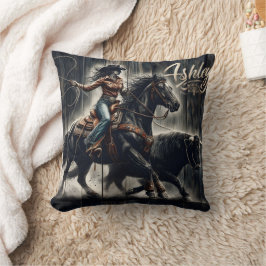 Rodeo Rider Chasing a Bull vid Sunset Kudde