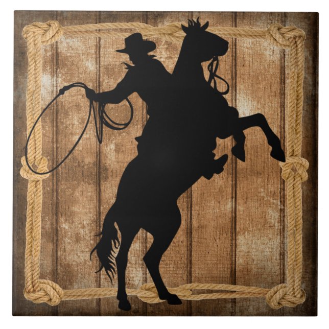 Rodeo Roping Cowboy Horse Silhouette Kakelplatta (Framsidan)