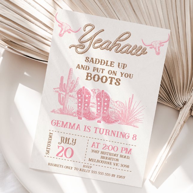 Rodeo Rosa Brown Westerna Boots Cowgirl Birthday Inbjudningar (Saddle Up And Put On Your Boots Birthday Invitation Template, Western Cowgirl Boots Birthday Invite)