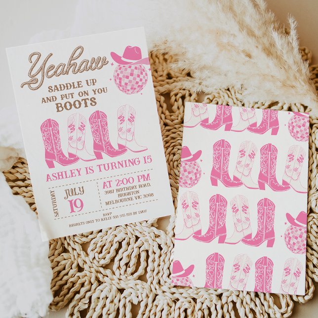 Rodeo Rosa Hat Western Boots Cowgirl Birthday Inbjudningar (Pink Cowgirl Put One Your Boots Birthday Invitation, Western Cowgirl Boots Birthday Invitation)