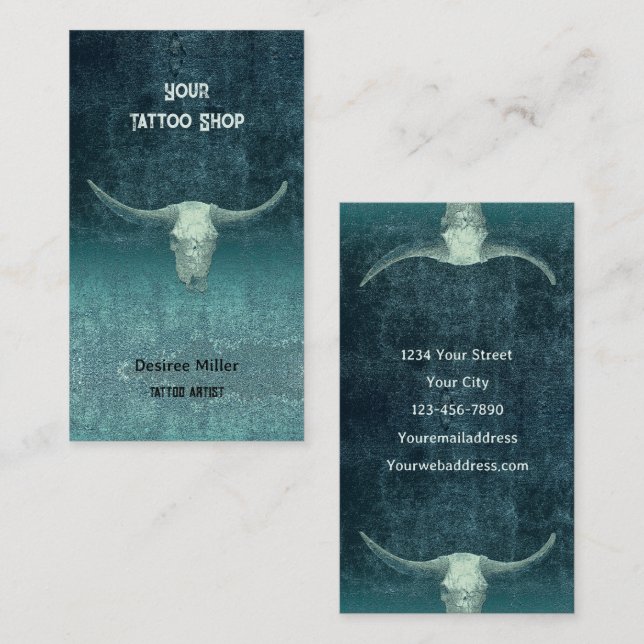 Rodeo Teal Tatto Shop Rustic Bull Skull Visitkort (Fram/baksida)