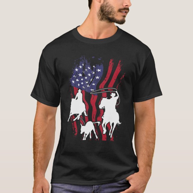 Rodeo Team Roping Horse Riding Equestrian Header T Shirt (Framsida)