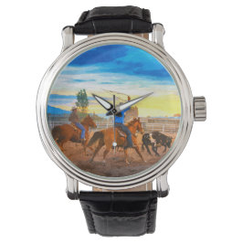 Rodeo Team Roping Sunset Corral Rustic Western Armbandsur